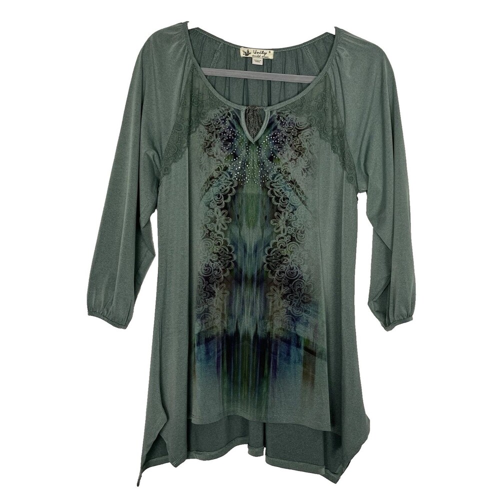 Unity World Wear Boho Tunic Top Tie Dye Studs Lace Green Long Back Hippie Small